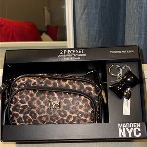 Madden NYC Leopard Print Crossbody and Keychain Set